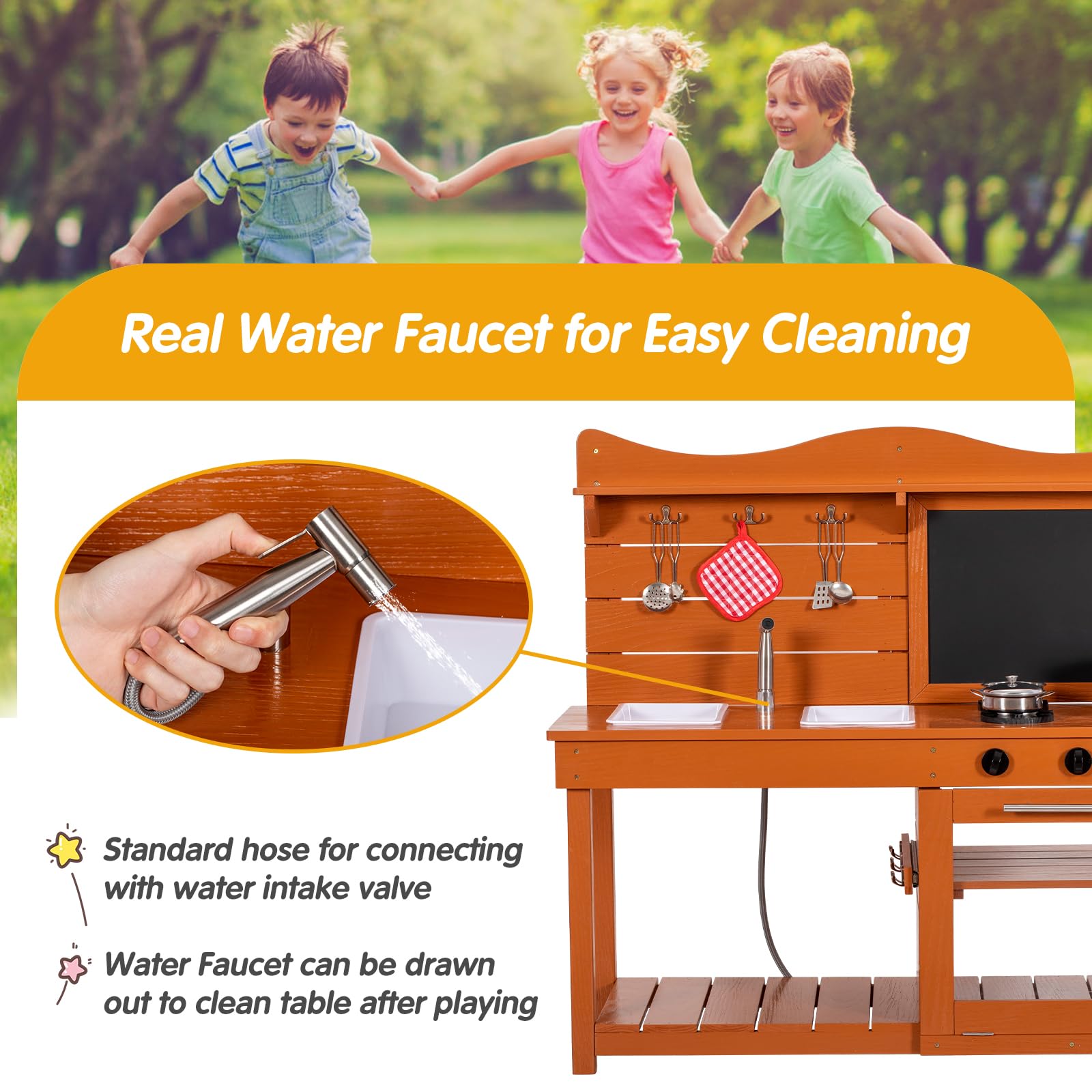 **Wooden Kids Mud Kitchen Playset with 2 Removable Sinks, Spray Pipe, Blackboard & Kitchenware - Outdoor Pretend Play Toy for Toddlers, Boys & Girls - Perfect for Backyard, Garden & Imaginative Play**