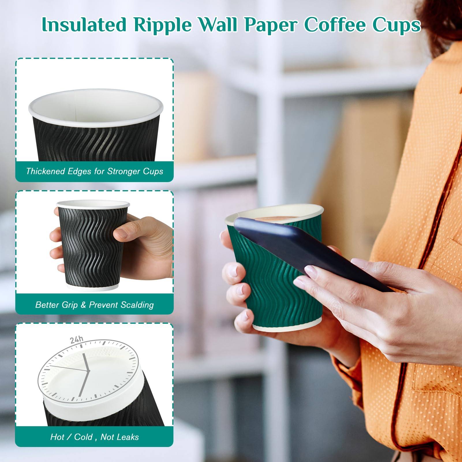 MUCHII 10 oz Insulated Paper Coffee Cups - 120 Count, Multicolor, Disposable Hot Drink Cups with Ripple Design for Coffee, Tea, Hot Chocolate - Perfect for Offices, Cafes, and Home Use