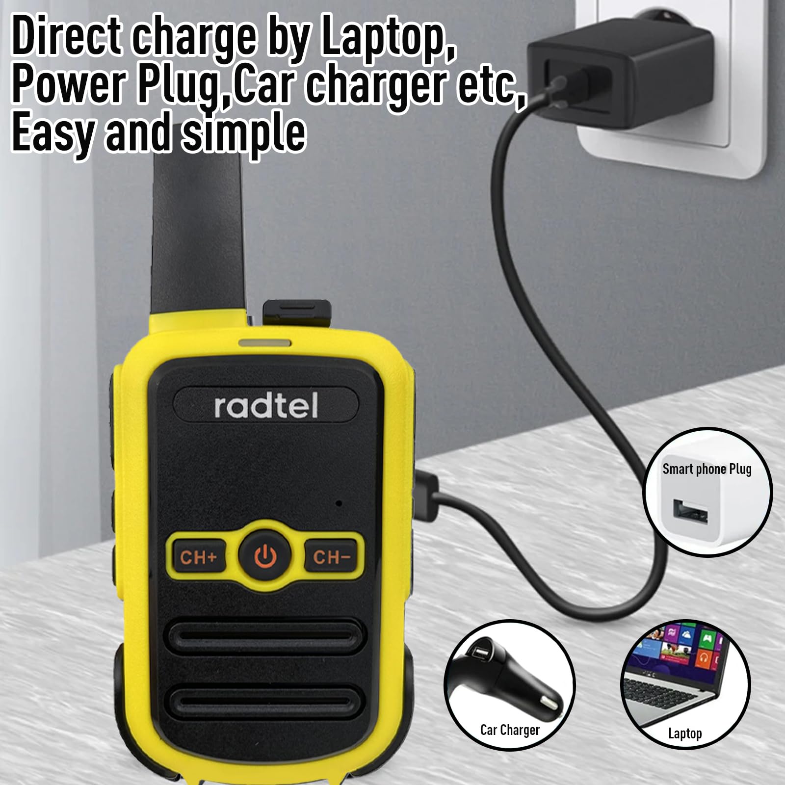 Radtel RT12 PMR 446 Walkie Talkies (4 Pack) - 16 Channel Rechargeable Two-Way Radios with USB Charging, CTCSS/DCS, License-Free for Construction, Restaurant, Supermarket - Yellow | Ideal for Team Communication, Outdoor Activities & Emergency Use