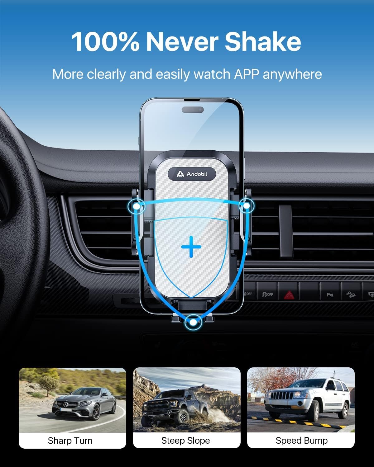 Andobil Military-Grade Car Vent Phone Holder - Ultra Secure Non-Slip Grip for iPhone 16/15/14/13/12 Pro Max & Samsung S24 (Silver) | Perfect for Road Trips, Commuting & GPS Navigation