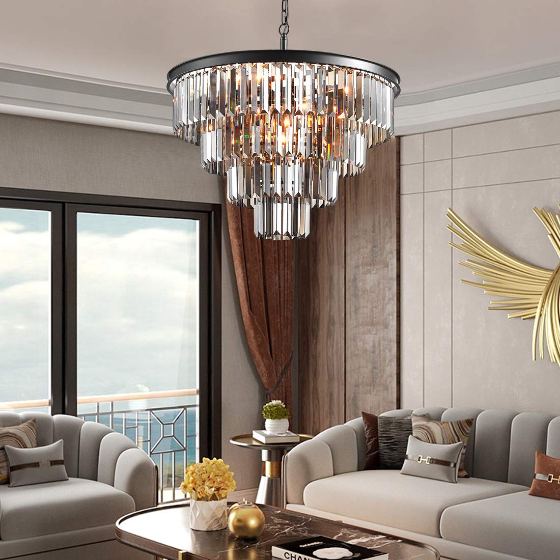 Luxury Black Smoke Crystal Chandelier - 4-Tier Modern Pendant Ceiling Light Fixture for Dining Room, Living Room, Bedroom & Girls Room (23.6
