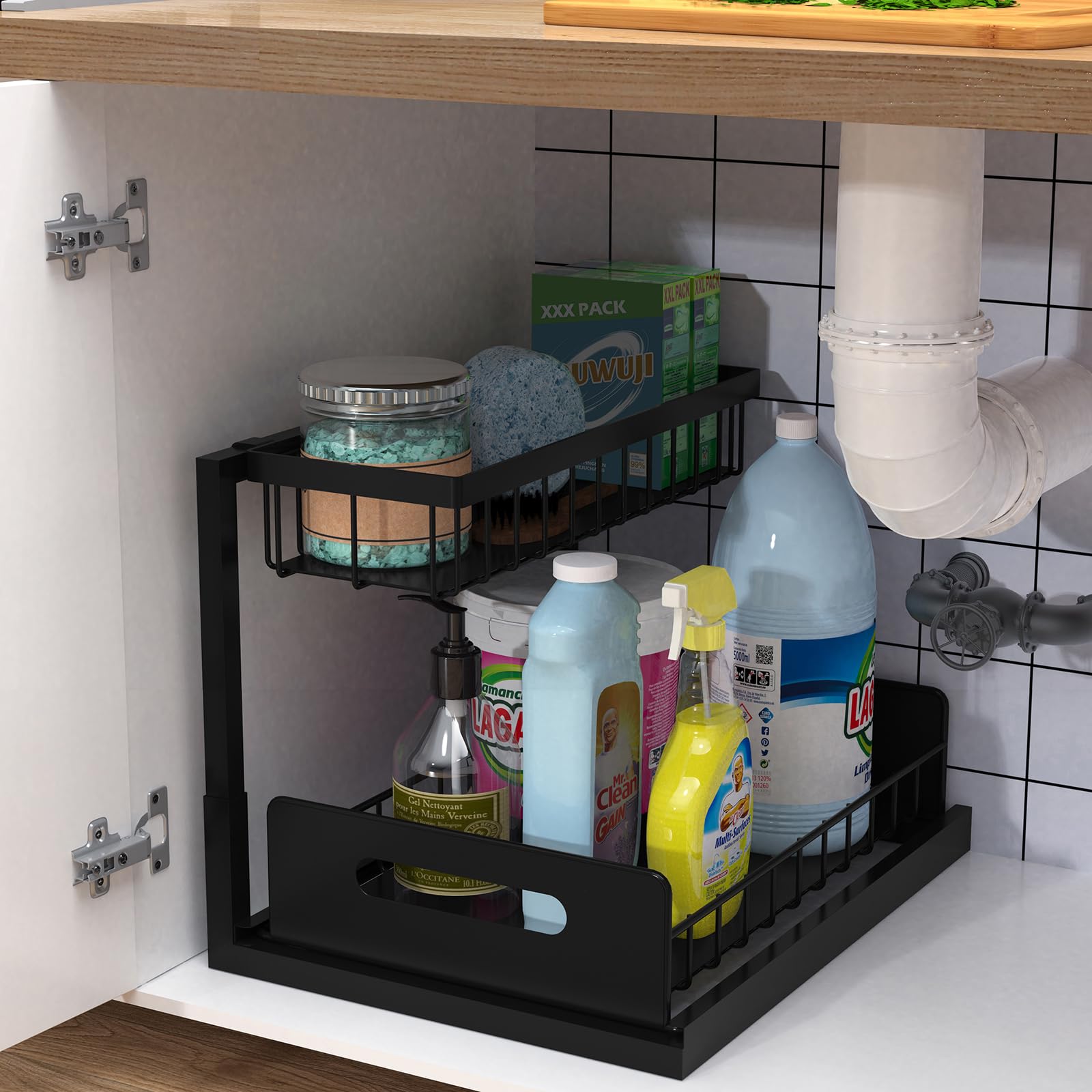 2-Tier Pull Out Under Sink Organizer - Sliding Cabinet Shelf for Kitchen & Bathroom Storage | Space-Saving Solution for Cleaning Supplies, Cosmetics & Toiletries