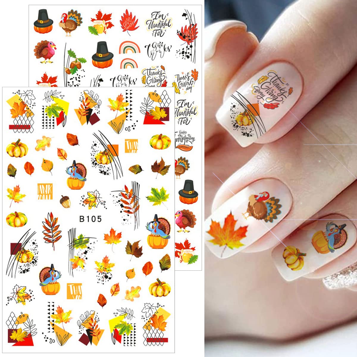 12 Sheets 3D Fall Nail Art Stickers - Autumn Leaves, Maple Leaf & Pumpkin Thanksgiving Nail Decals for Women | DIY Manicure Decorations for Halloween, Thanksgiving Parties & Seasonal Nail Designs