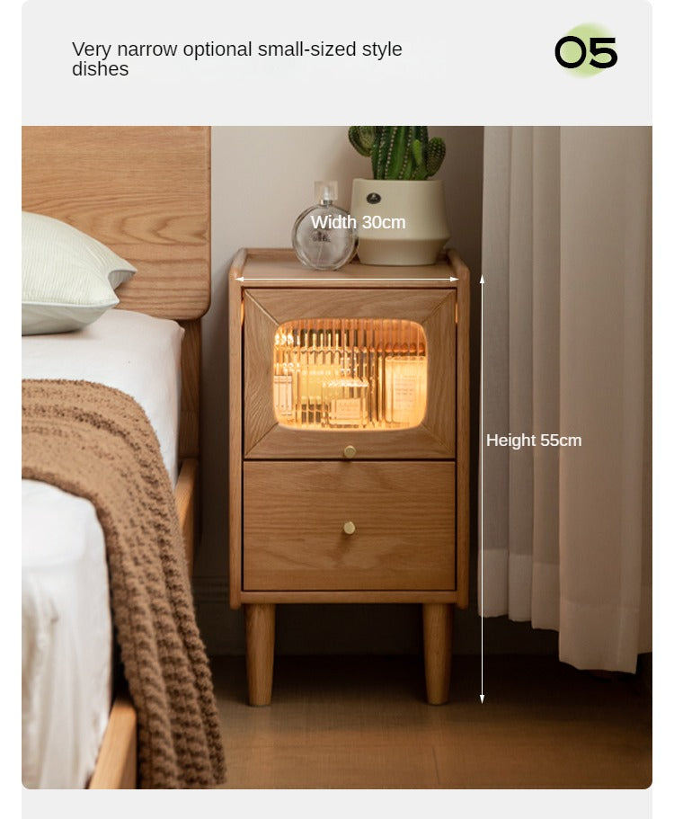 Solid Oak Wood Nightstand with Built-in LED Light - Modern Bedside Table for Bedroom, Living Room, or Office