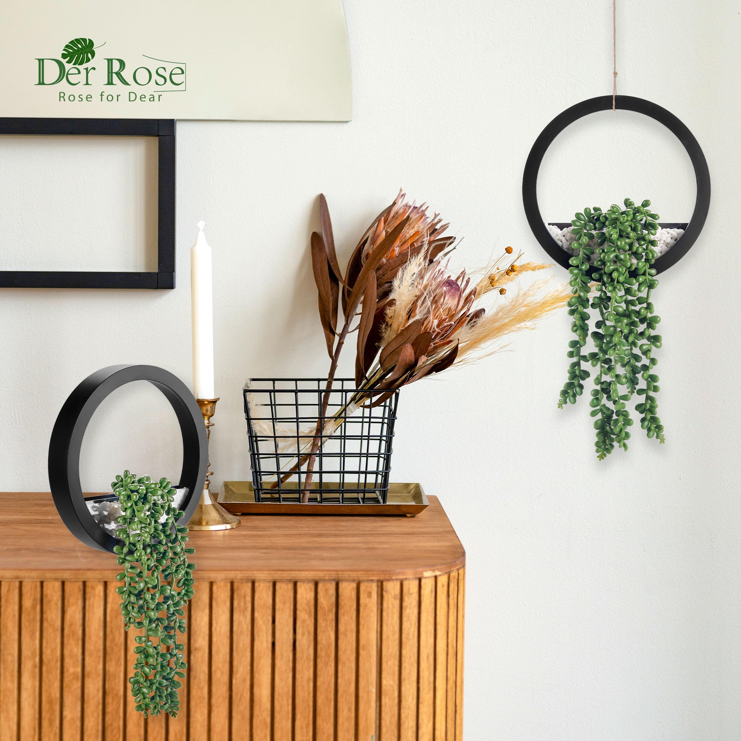 2 Pack Fake Hanging Succulent Plants in Black Pots - Artificial Greenery for Living Room, Bathroom, Office & Boho Wall Decor - Low Maintenance Home Décor Accessories