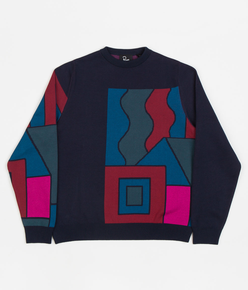 Parra Blocked Landscape Knitted Sweatshirt for Men & Women - Navy Blue Crewneck Pullover | Casual Streetwear, Outdoor Activities & Cozy Loungewear