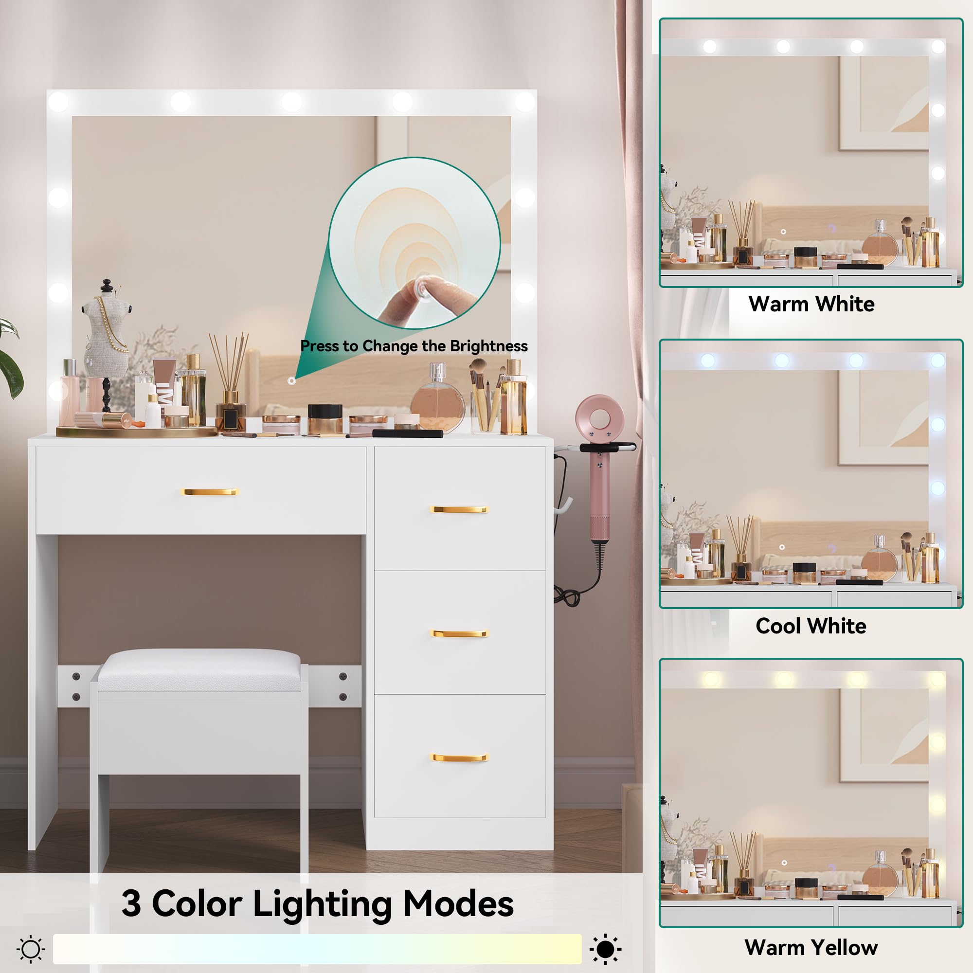 YITAHOME Vanity Desk with Mirror and Lights - Makeup Vanity Set with 11 LED Bulbs, Power Outlet, 4 Drawers & Stool - Perfect for Bedroom, Dressing Room & Beauty Salon