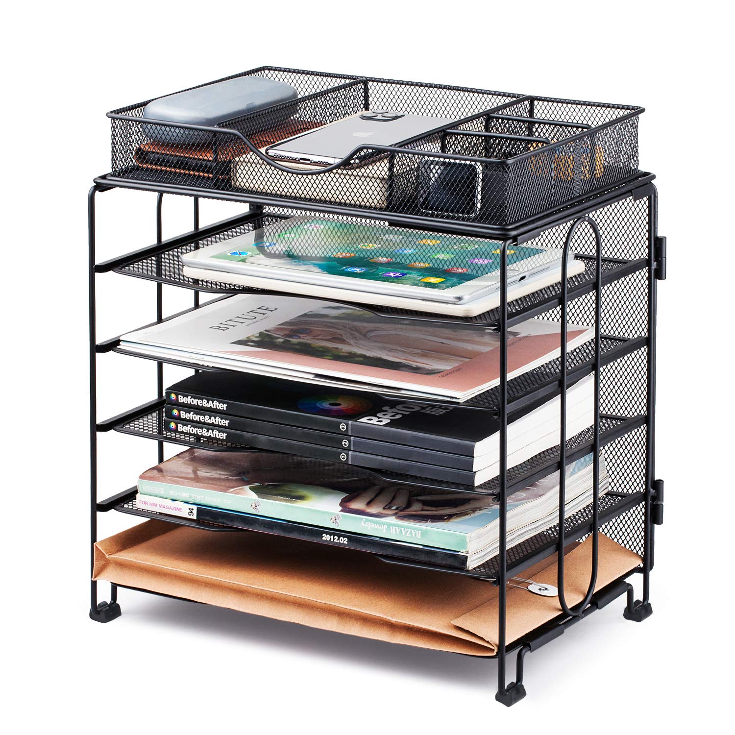 KEEGH 5-Tier Desktop Paper Organizer with Extra Drawer - Screw-Free File Tray for Letter/A4 Documents | Office Desk Storage Solution for Files, Mail & Stationery | Perfect for Home Office, Workstation & School Organization