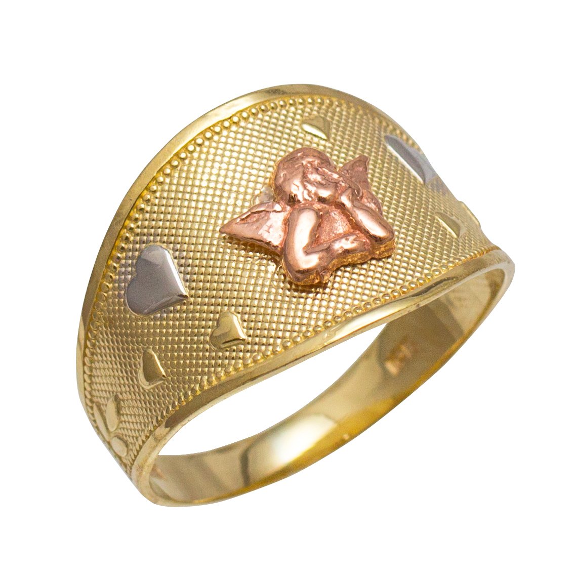 10k Tri-Tone Gold Guardian Angel Ring - Modern Love Heart Band for Women, Perfect for Valentine's Day Gifts, Anniversary Presents & Everyday Wear