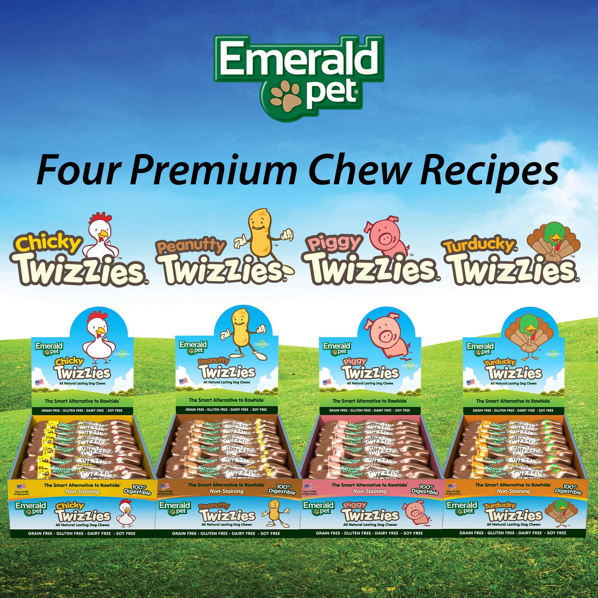 Emerald Pet Twizzies Rawhide-Free 100% Digestible Natural Dog Chew Treats - USA Made Turkey Duck Flavor - 30 Count Box - Long-Lasting Dental Chews for Medium & Large Dogs - Perfect for Training, Teething & Anxiety Relief