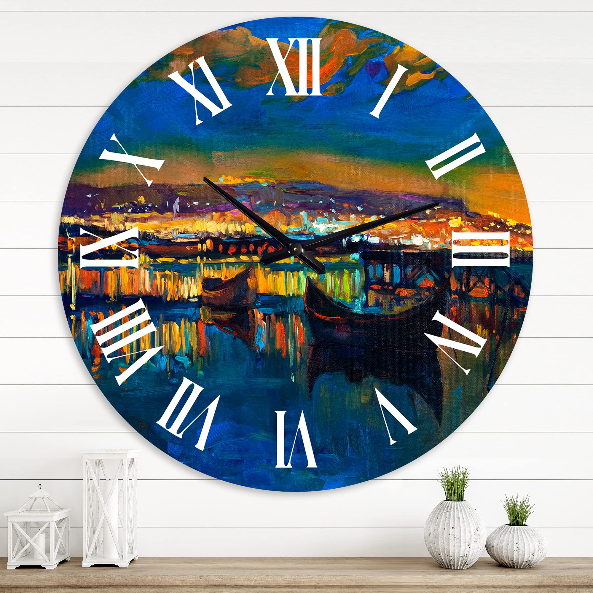 DesignQ Nautical & Coastal Wall Clock - 'Two Little Boats in The Village Harbor' Blue Round Clock for Living Room, Bedroom & Office Decor | Perfect for Beach House, Coastal Theme & Home Interior Design