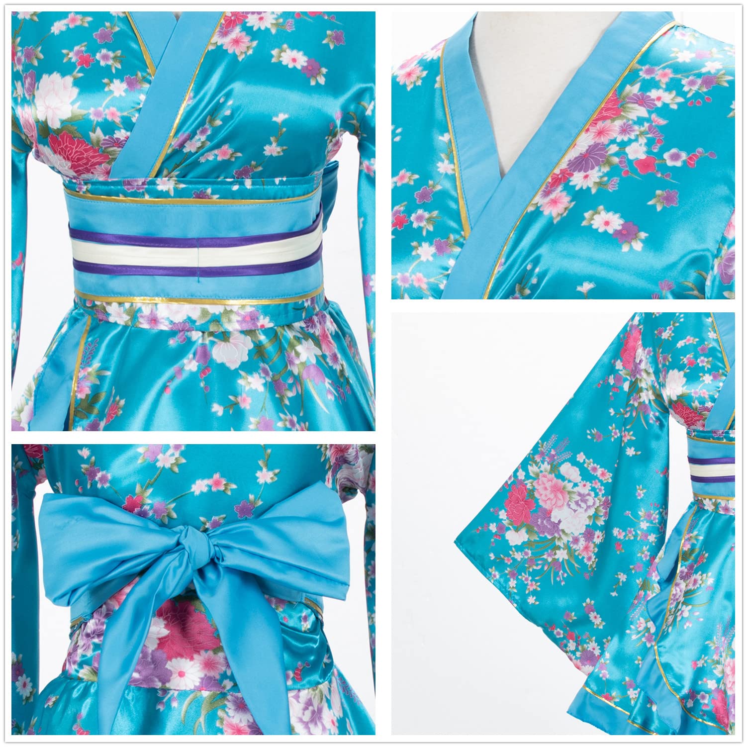 Japanese Anime Women's Dance Kimono Robe with Silk Folding Fan & Tabi Socks Set - Traditional Cosplay Costume for Halloween, Stage Performances and Themed Parties