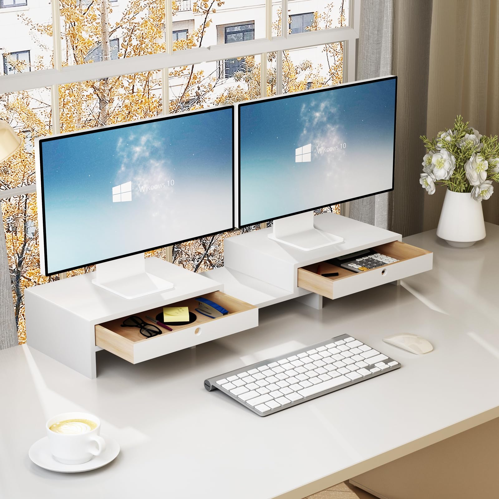 Adjustable Dual Monitor Stand Riser with 2 Drawers - Solid Wood Desktop Organizer for Laptop, PC & Computer - No Assembly Required - Perfect for Home Office & Workspace Organization