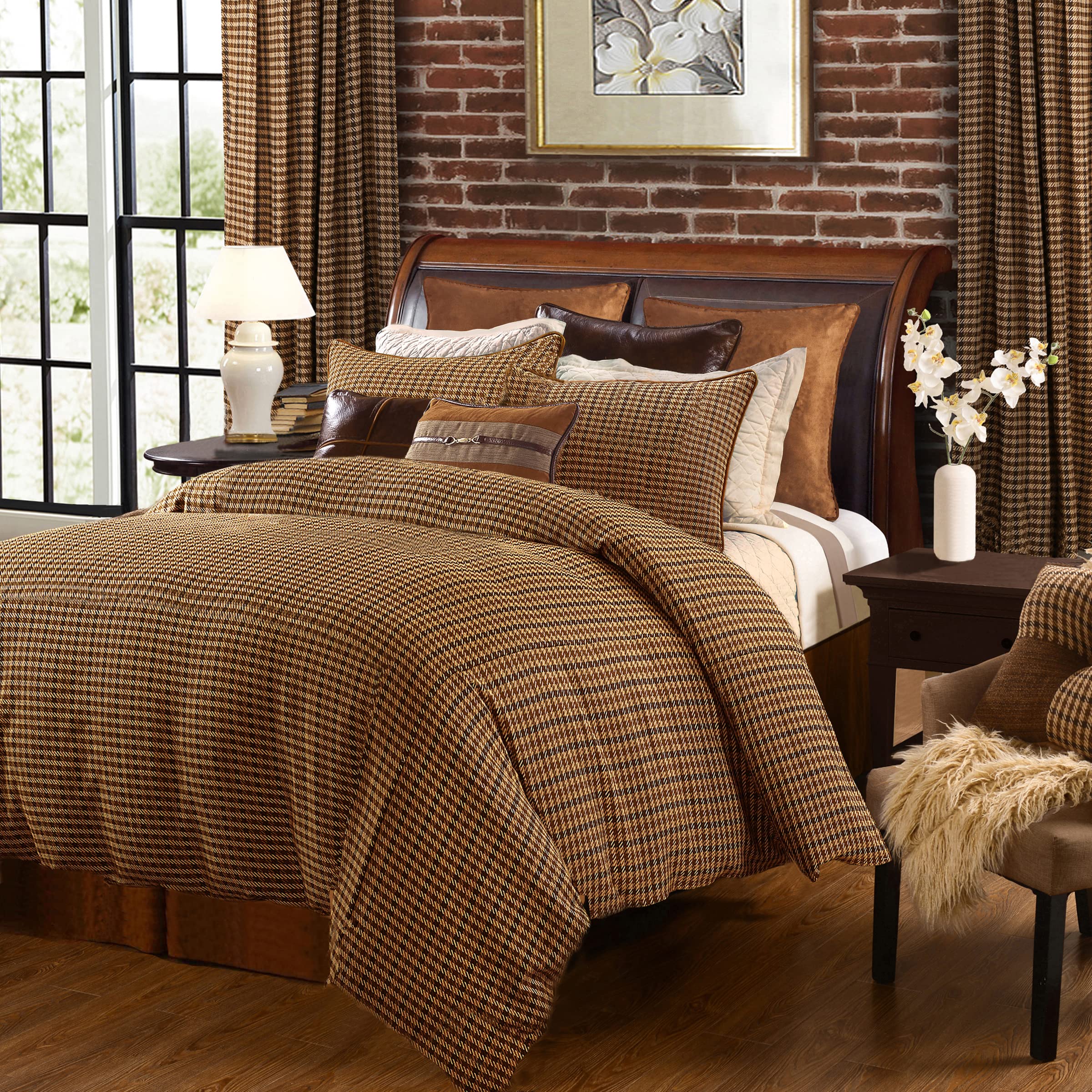 HiEnd Accents Clifton Rustic 3-Piece Full Size Comforter Set - Brown Houndstooth Pattern Bedding for Cabin & Lodge Decor | Western Style Duvet Cover with Pillow Shams | Perfect for Rustic Bedroom, Farmhouse, or Country Home Decor