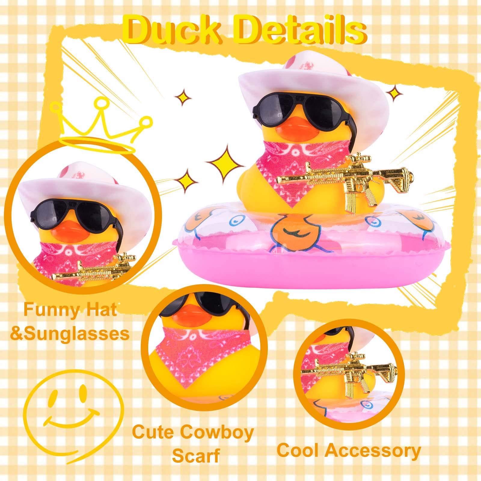 Funny Cowboy Duck Car Dashboard Decorations - Mini Rubber Duck with Swim Ring, Sun Hat, Sunglasses & Scarf - Cute Car Accessories for Dashboard, Office Desk or Party Decor