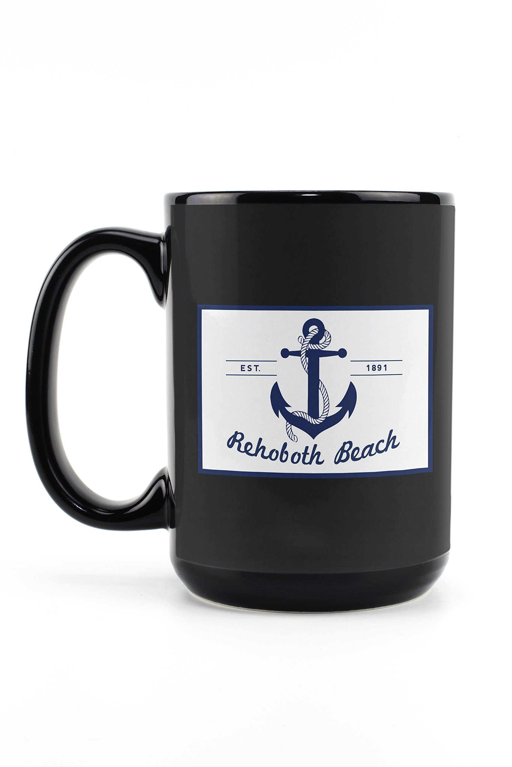 Lantern Press Rehoboth Beach Delaware Anchor Design 15oz Black Ceramic Coffee Mug - Microwave & Dishwasher Safe - Perfect for Home, Office or Beach House Use
