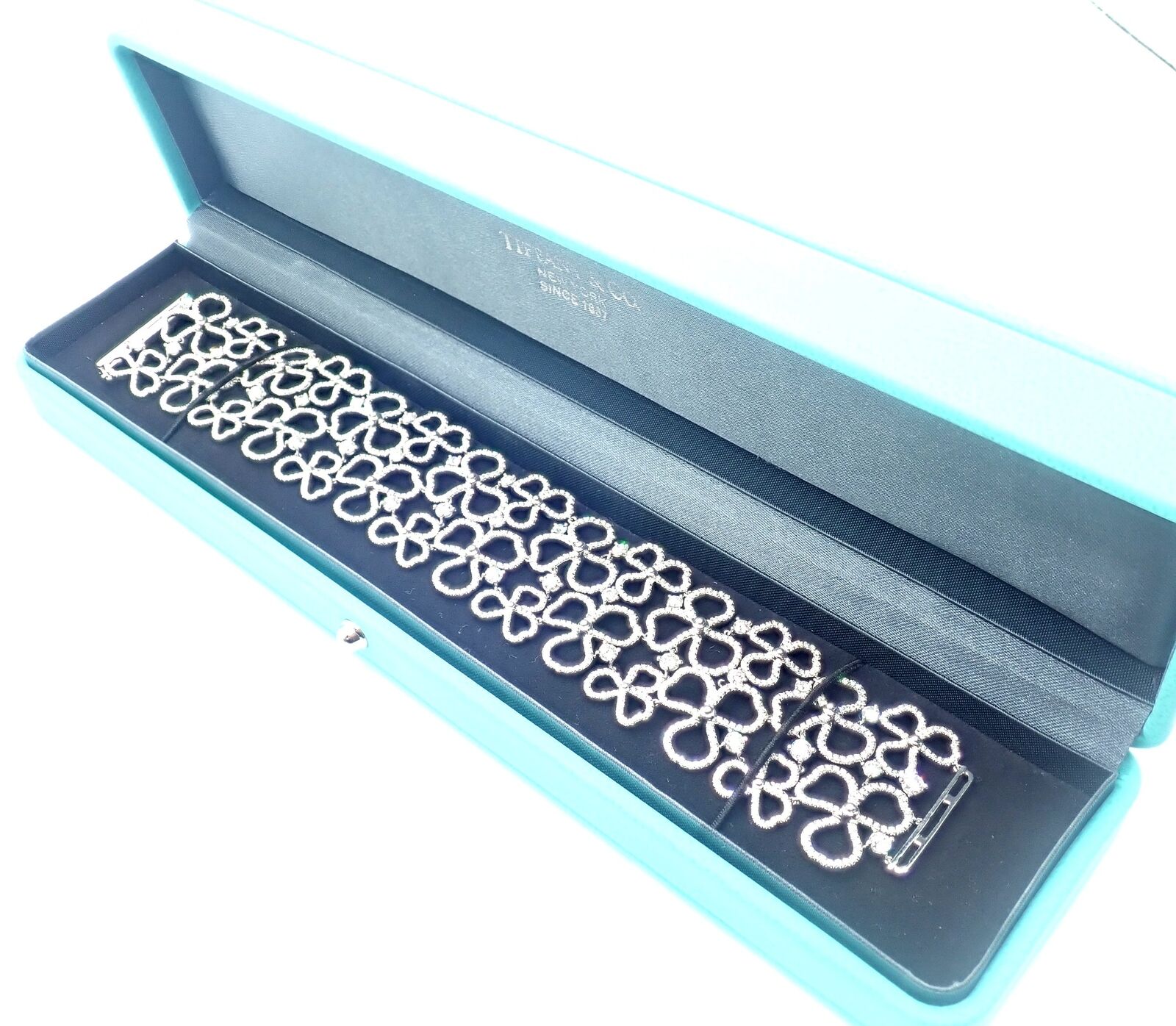 Authentic Tiffany & Co Paper Flowers Platinum Diamond Wide Bracelet - Elegant Jewelry for Weddings, Anniversaries & Special Occasions