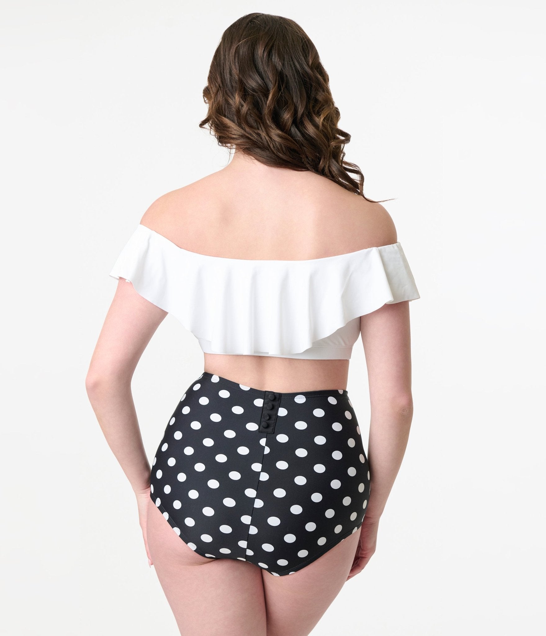 Vintage Black & White Polka Dot High Waist Swim Bottoms with Button Closure - Retro Beachwear for Women | Perfect for Pool Parties, Summer Vacations & Tropical Getaways