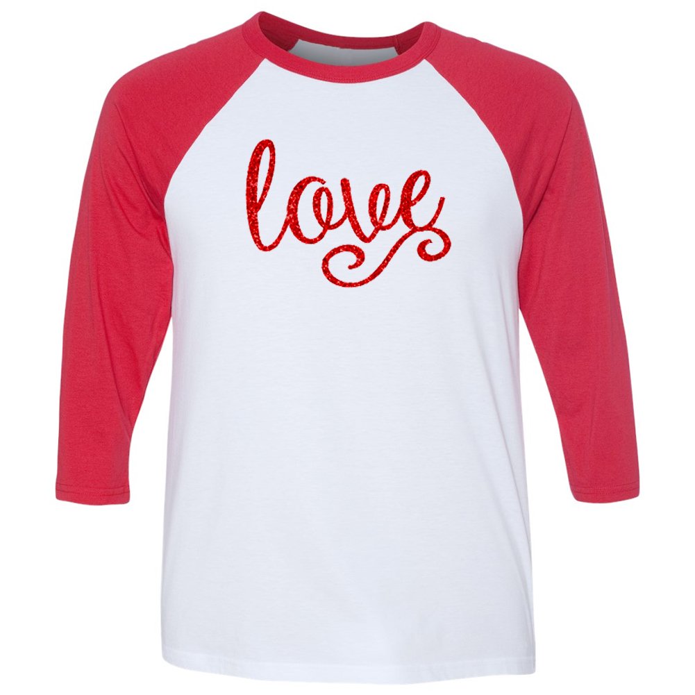 Valentine's Day Sparkly Glitter Love Text Raglan T-Shirt for Adults - Perfect for Couples, Date Nights & Romantic Celebrations
