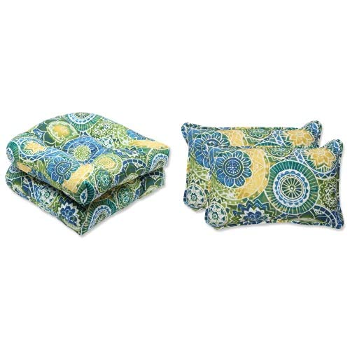 Pillow Perfect Omnia Lagoon Tufted Round Back Seat Cushion 19x19 Inch & Rectangular Throw Pillow Set of 2 - Indoor Outdoor Use for Patio, Deck, Porch, Living Room