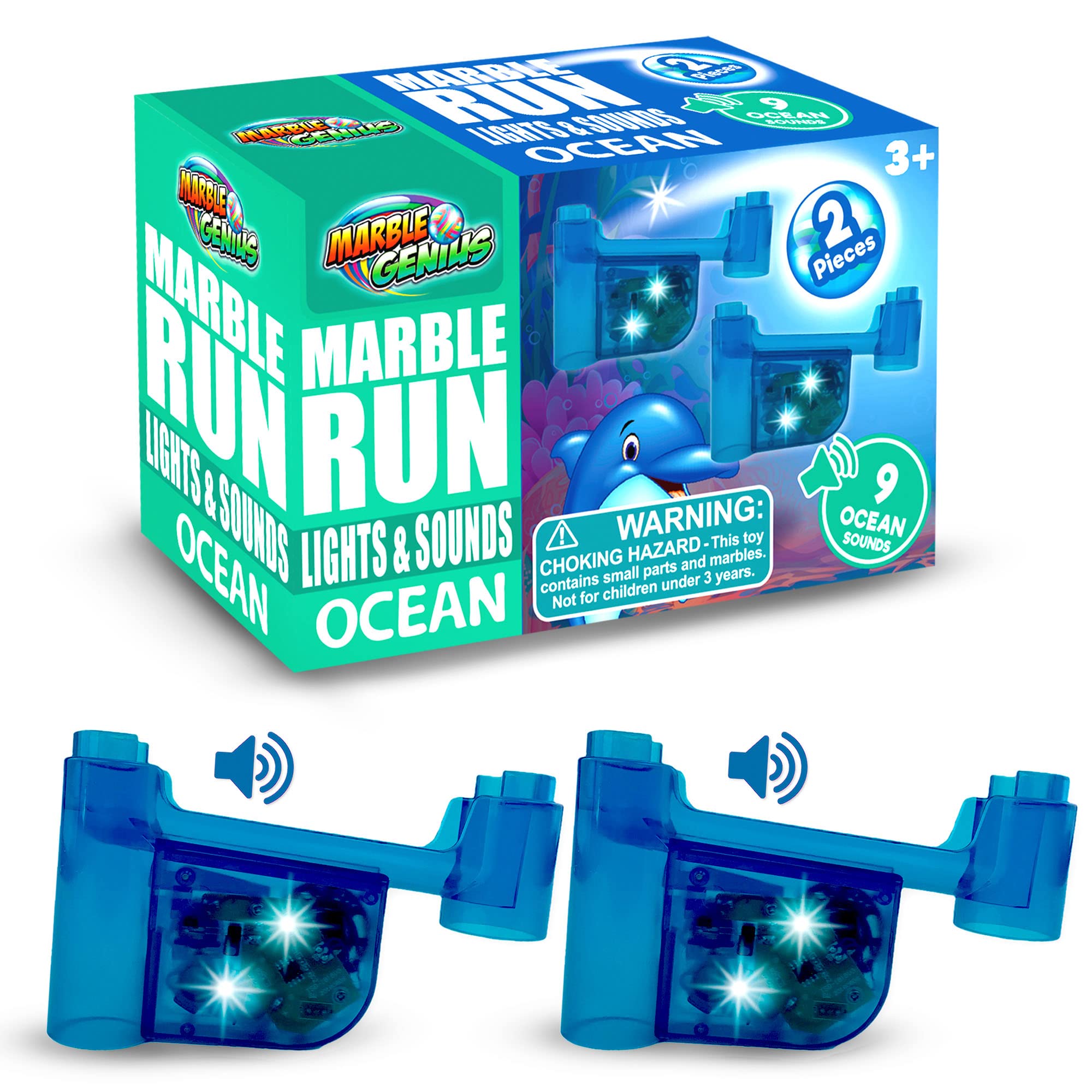 Marble Genius Marble Run Lights & Sounds Accessory Set - 9 Ocean Sound Effects & 2 Flashing LED Lights | STEM Educational Toy for Kids Ages 3+ | Compatible with All Marble Genius Sets | Perfect for Sensory Play & Early Learning Activities (Light Blue Ocean Theme)