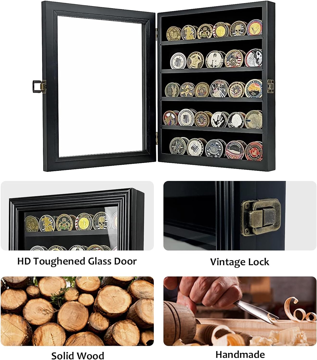 NobaeCrs Military Challenge Coin Display Case - Wooden Coin Stand Rack with HD Toughened Glass, Wall Mount & Removable 2-Shelf Design (Black) - Perfect for Collectors, Veterans, and Office Decor