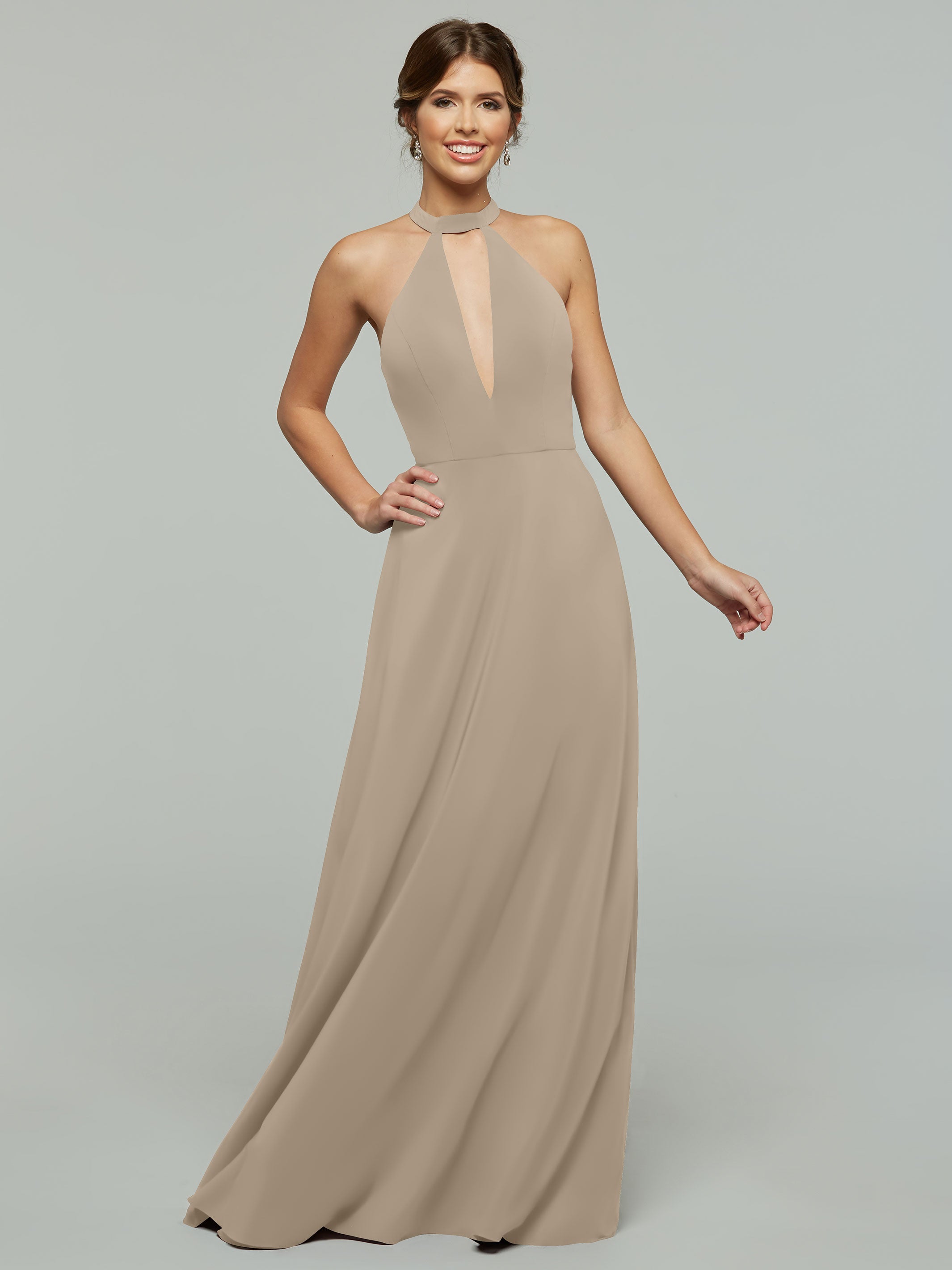 Elegant 80115 Stretch Chiffon A-Line Bridesmaid Dress with Plunging Halter Neckline - Perfect for Weddings, Formal Events & Special Occasions