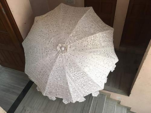 Handmade Bohemian Sun Umbrella with Indian Mirror Work Embroidery - Cotton Boho Wedding Parasol, Hippie Gypsy Decor for Beach, Garden & Outdoor Events (White) - Perfect for Weddings, Picnics and Poolside Relaxation