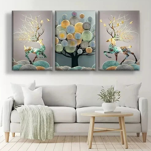 3-Piece Abstract Chinese Feng Shui Golden Money Tree Canvas Wall Art Set - 60x90cm High Quality Framed Prints | 100% Australian Made | Ready to Hang | Perfect for Home Office Decor, Living Room Feng Shui & Wealth Attraction