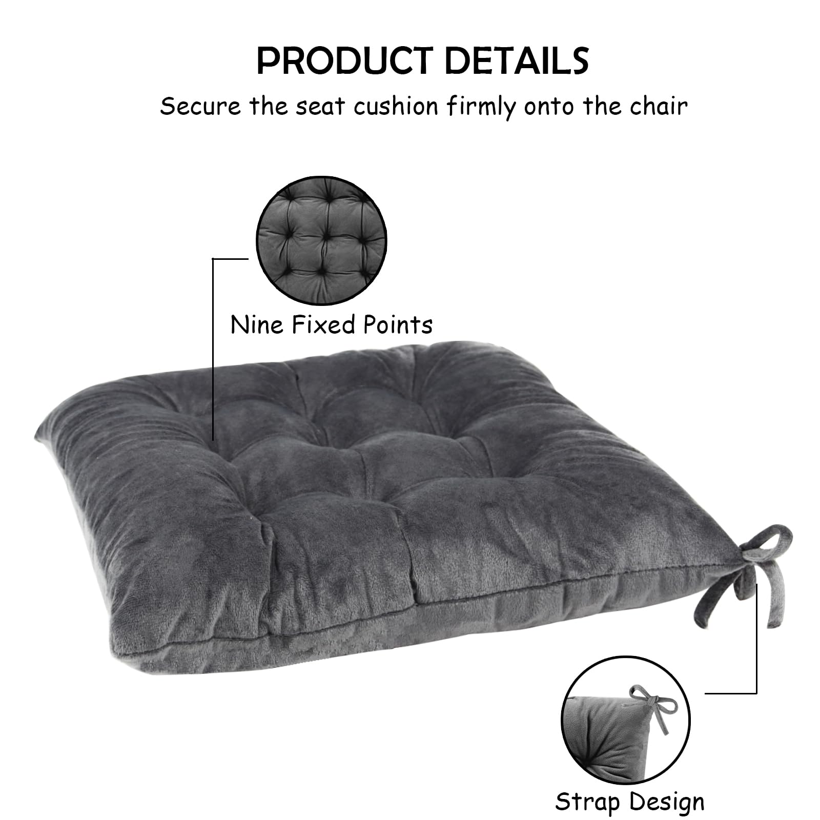 2 Pack Square Seat Cushions for Kitchen & Dining Chairs - Soft Velvet Chair Pads with Ties (15.5 Inch, Dark Gray) - Comfortable Office Desk & Living Room Chair Cushions for Home, Restaurant, and Cafe Use