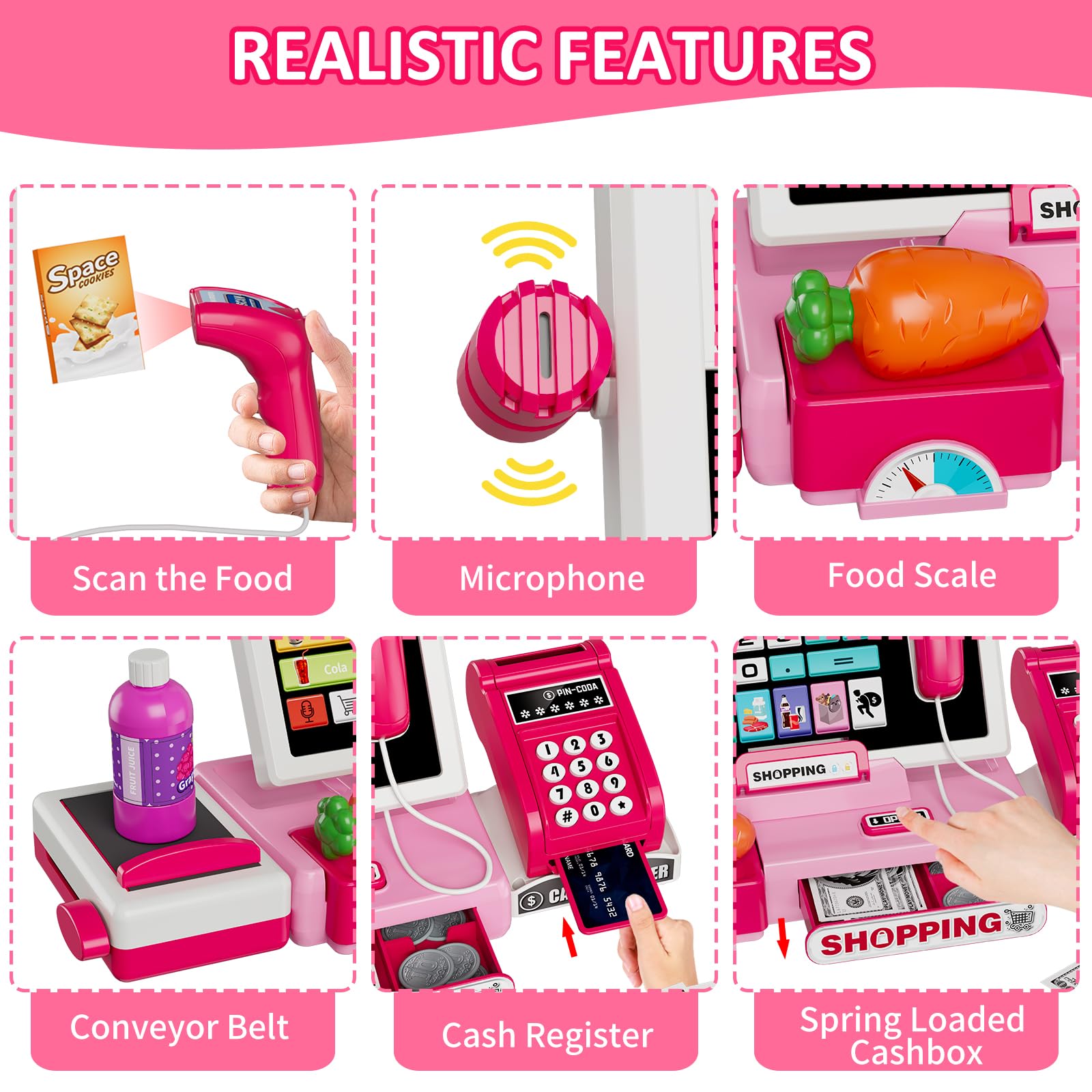 Kids Pretend Play Cash Register Toy with Realistic Calculator, Scanner, Credit Cards & Play Money - Educational Role Play Toy for Toddlers & Preschoolers - Perfect for Birthday Gifts & Classroom Learning (Pink)