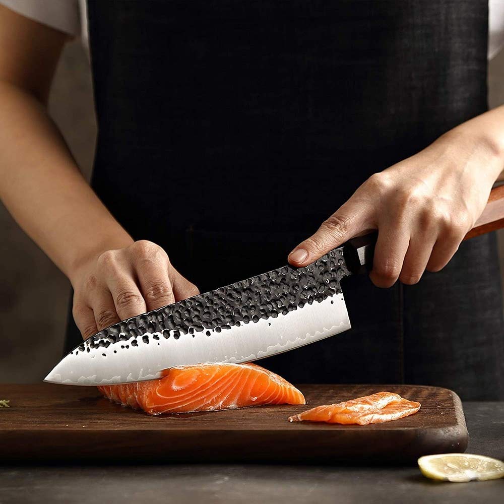 Premium Japanese Handmade Hammered Chef's Knife - High-Carbon Silver Steel Blade with Protective Case | Perfect for Professional Cooking, Sushi Preparation & Kitchen Gifting