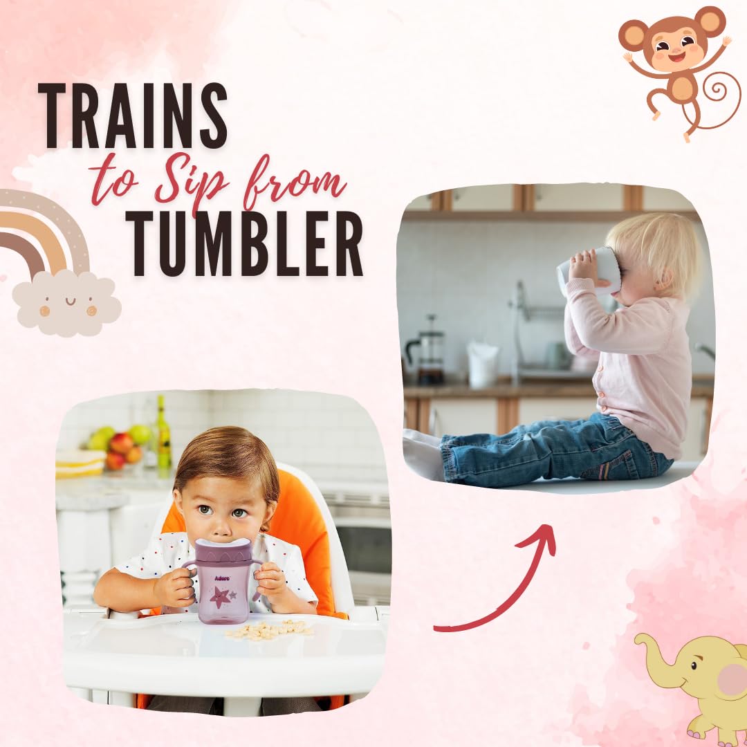 Adore Magic 360 Spoutless Sipper Cup with Handle | Leak-Proof Baby Water Bottle for 6-12 Months | Anti-Spill Straw Cup for Toddlers & Kids | BPA-Free Training Cup (250ml, Pink) | Perfect for Daycare, Travel & Learning Independent Drinking