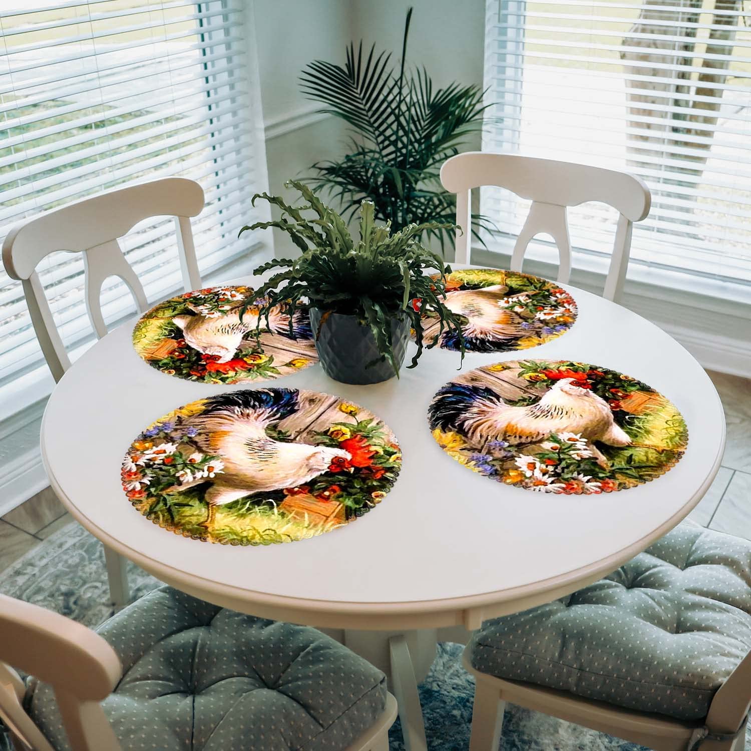 Round Heat Resistant Placemats Set of 4 - Washable Polyester Table Mats for Kitchen & Dining Room Decor - Rooster Garden Design - Perfect for Everyday Meals, Dinner Parties, and Holiday Gatherings