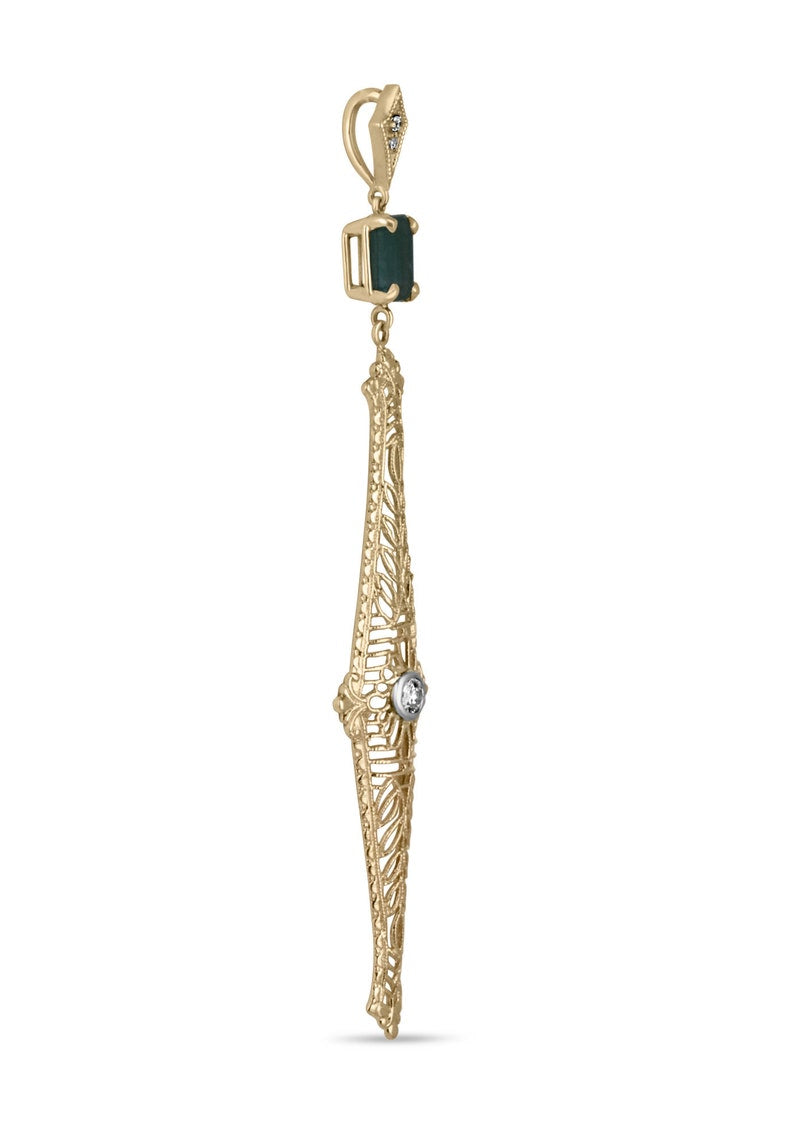 1.48tcw 14K Gold Natural Green Emerald & Diamond Accent Vintage Edwardian 1910s Inspired Pendant Necklace for Women - Elegant Gift for Anniversary, Birthday & Special Occasions