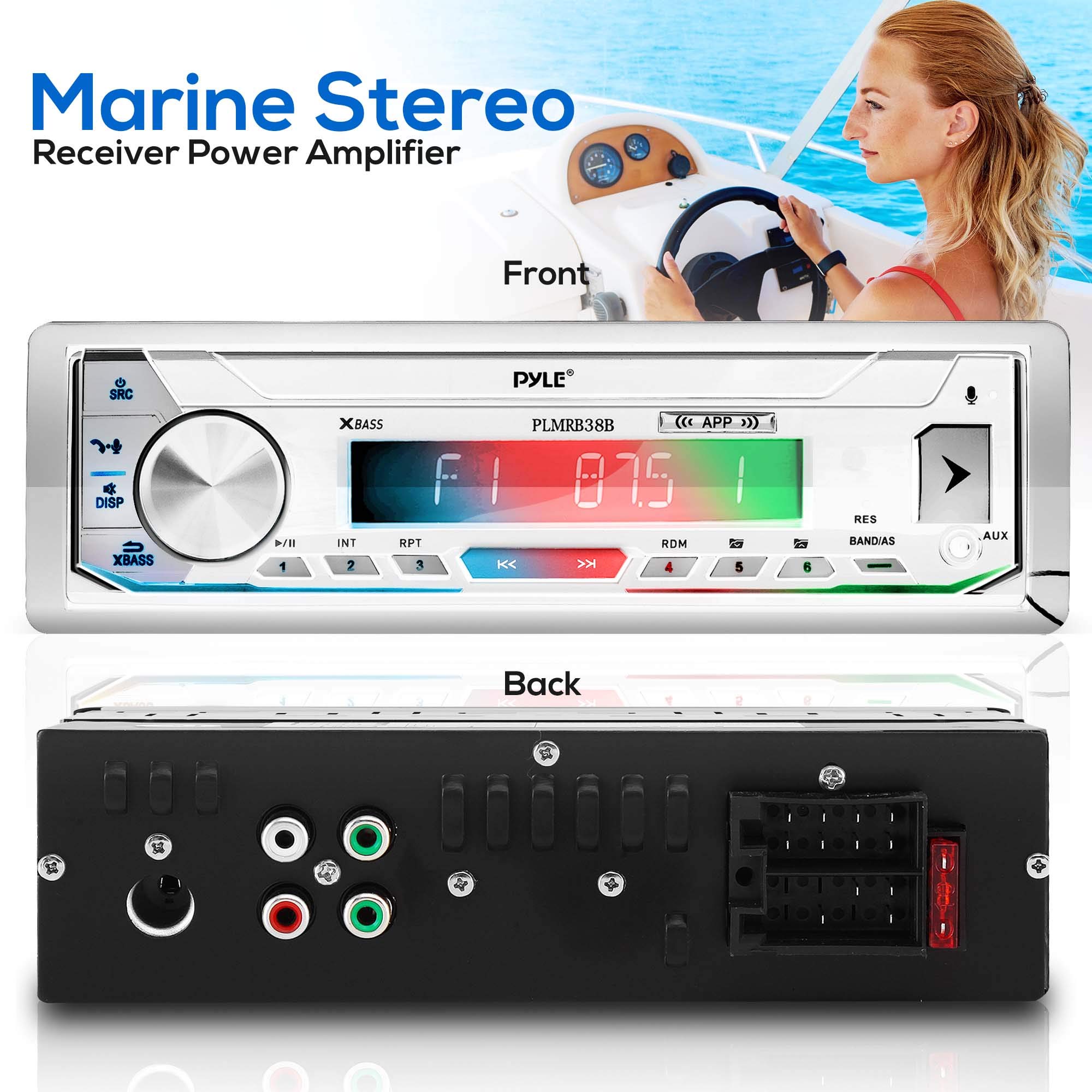 Pyle Marine Stereo Receiver Power Amplifier Bundle - AM/FM/MP3/USB/Aux/SD Card Reader Single Din Marine Audio System with 6.5'' Dual Waterproof Marine Speakers (1 Pair) - Perfect for Boats, Yachts, and Marine Vehicles