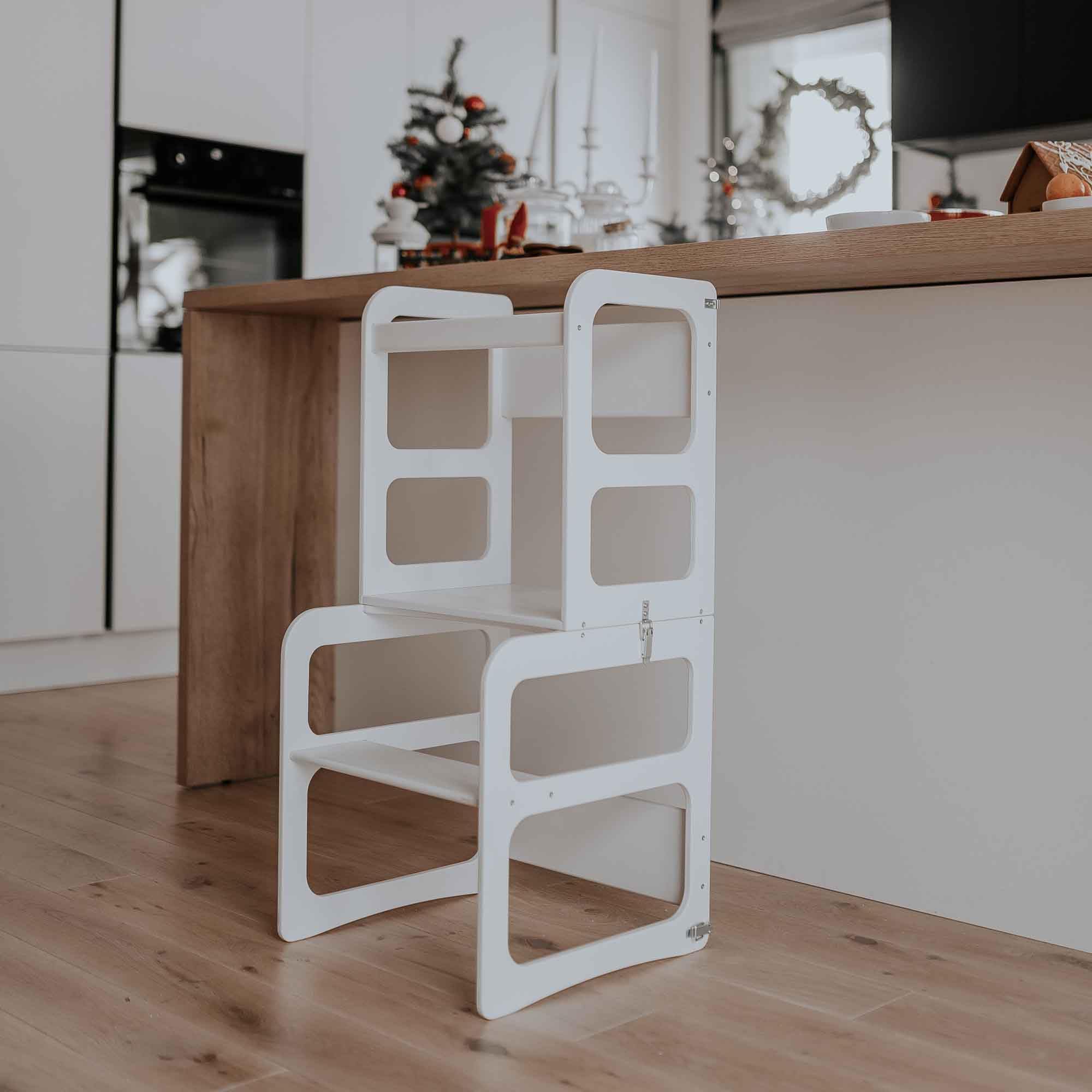2-in-1 Convertible Kitchen Tower & Step Stool for Toddlers - Adjustable Learning Tower with Safety Rail - Montessori Weaning Table & Chair Set for Kids - Perfect for Baking, Cooking & Playtime Activities