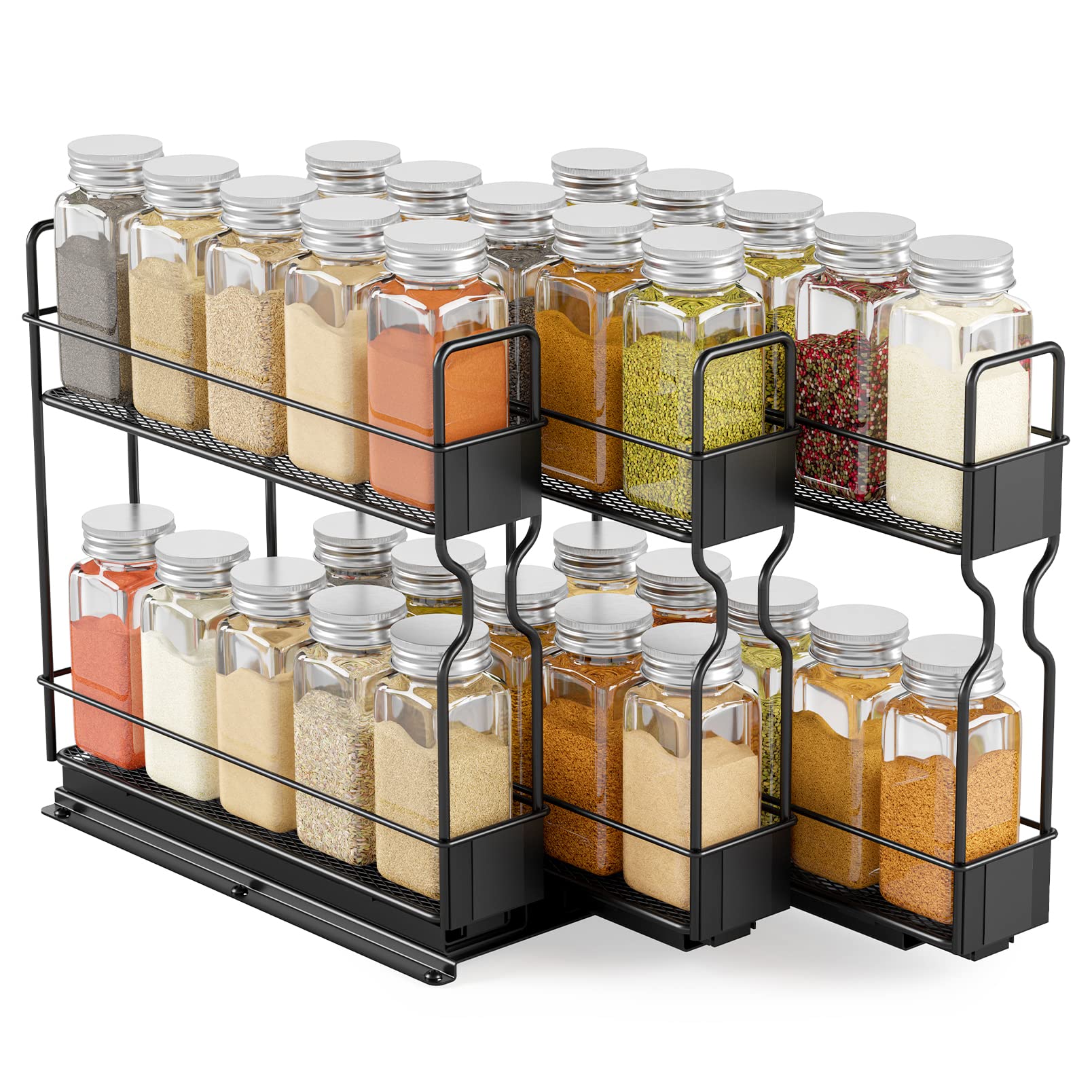 SpaceAid Pull-Out Spice Rack Organizer with 30 Jars - 3-Tier Slide-Out Cabinet Organizer for Kitchen, Pantry & Countertop - Includes Labels (7.7