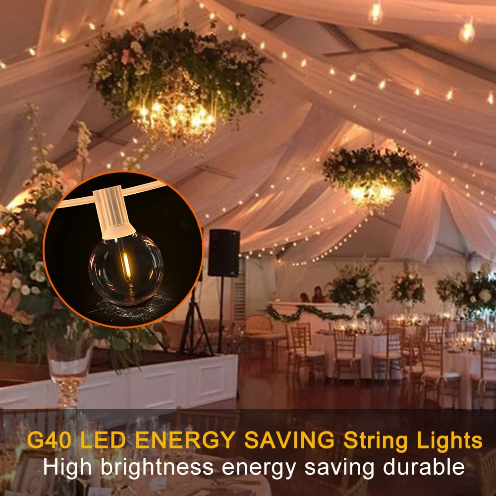 SUNSGNE 100Ft LED Globe String Lights - Shatterproof Waterproof G40 Outdoor Fairy Lights with 52 Dimmable Bulbs, Connectable Hanging Patio Lights for Garden, Wedding, Party, Bistro, Pergola & Tents - Perfect for Backyard Decor, Christmas Lighting & Romantic Ambiance (White)