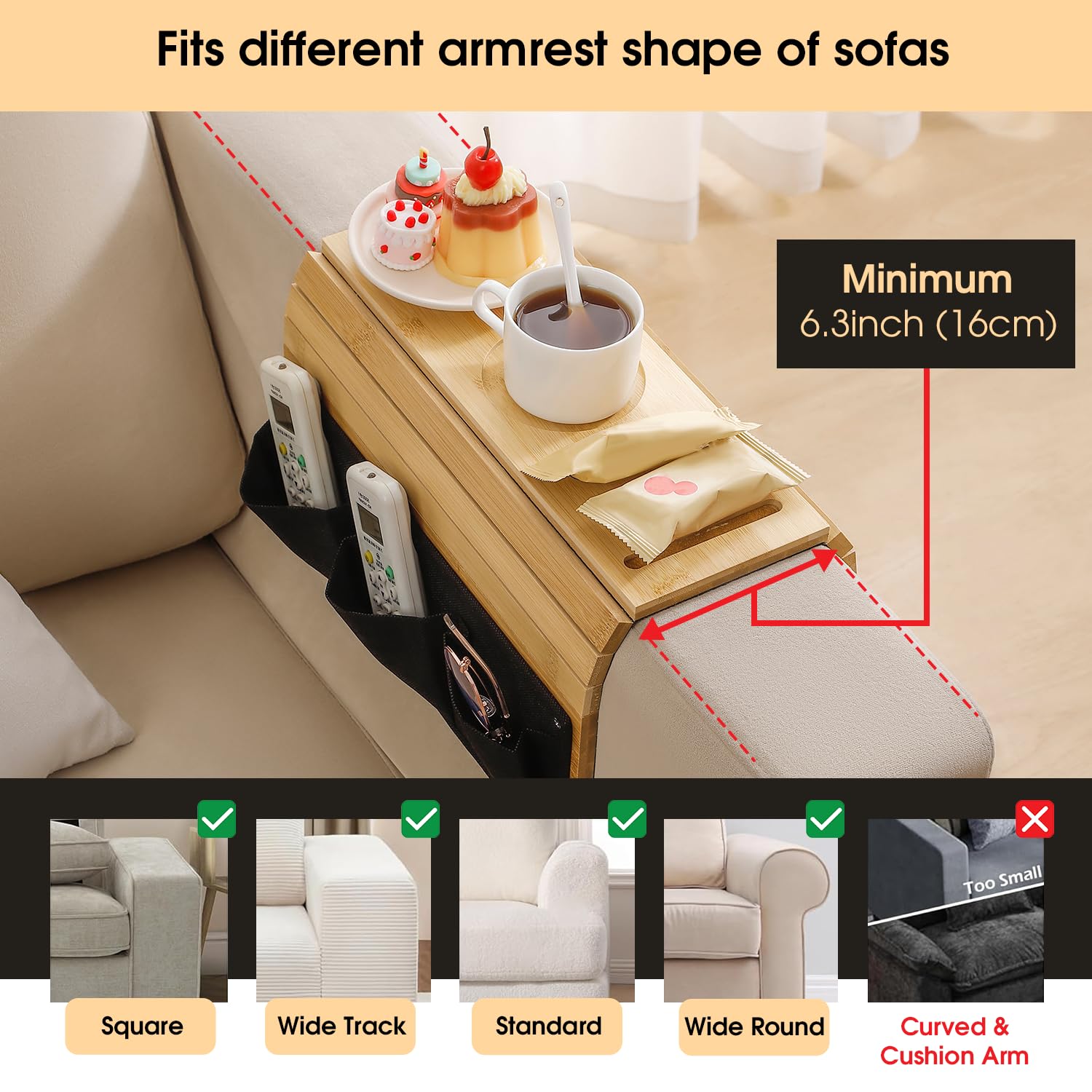 Foldable Sofa Armrest Tray with Cup Holder & Phone Stand - 3 Side Storage Pockets & Non-Slip Design - Compact Couch Tray for Drinks, Snacks, TV Remotes - Perfect for Living Room, Bedroom, Office & Home Theater Use