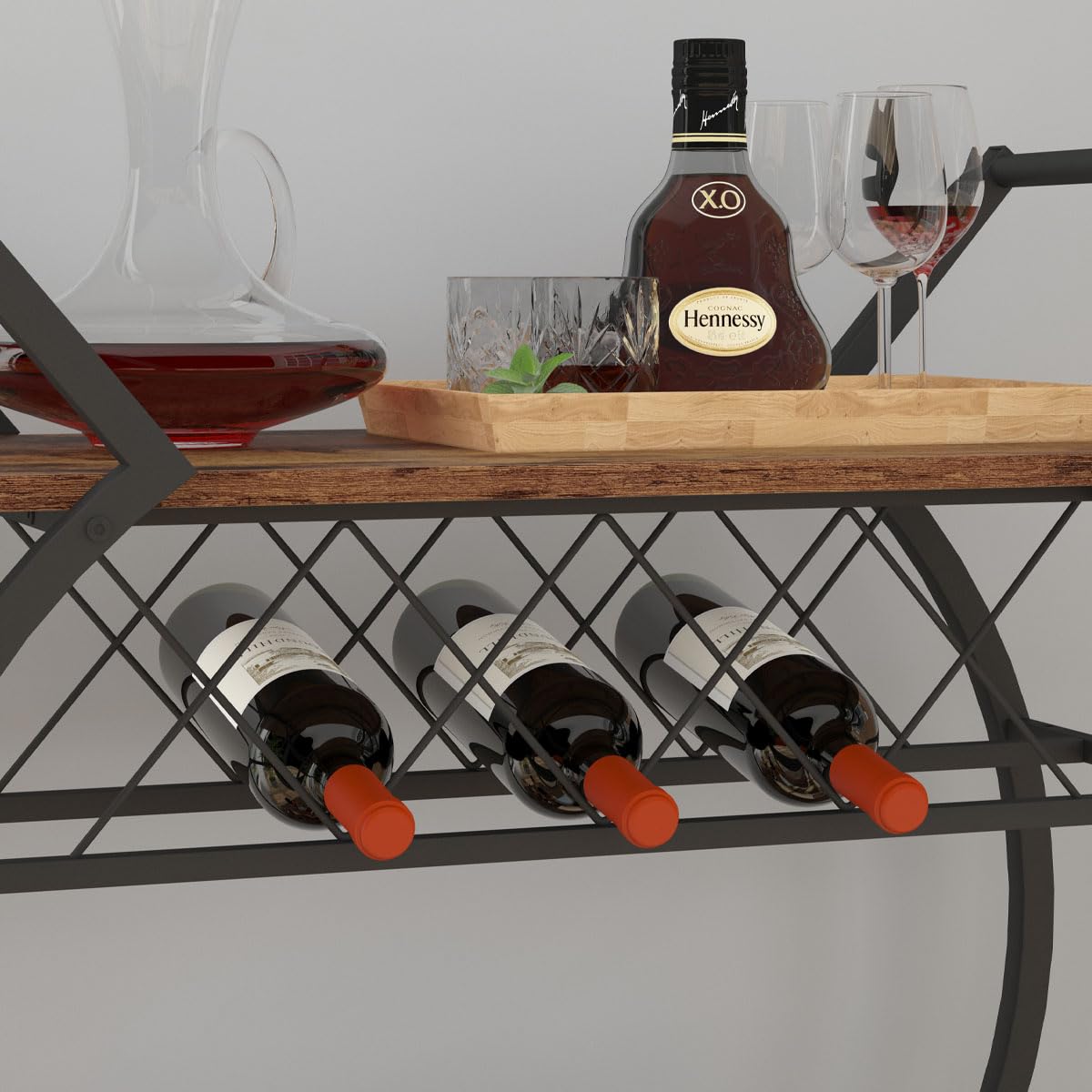 LVB Industrial Kitchen Bar Cart with Wheels - Farmhouse Style Wood & Metal Rolling Beverage Serving Cart with Storage Shelf - Rustic Brown Drink Cart for Home, Living Room, Dining Room - Perfect for Wine Storage, Cocktail Parties & Microwave Placement