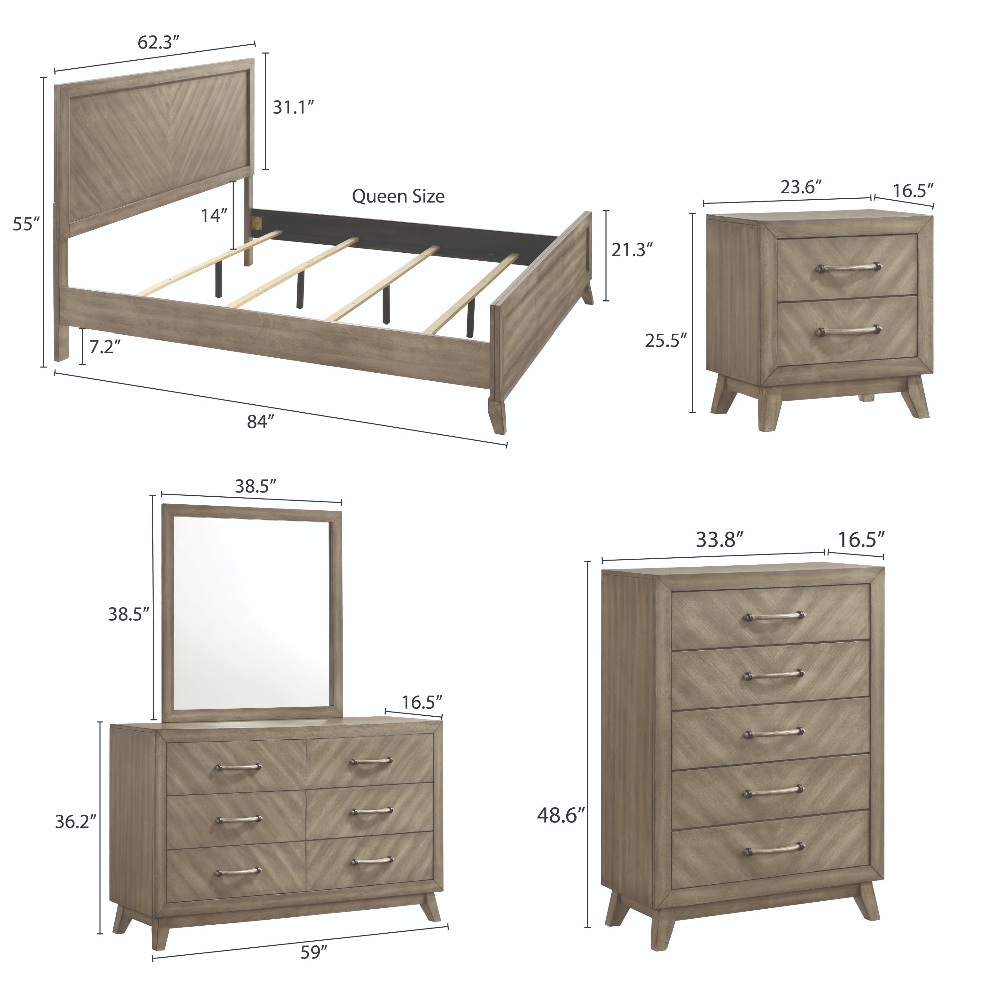 Roundhill Furniture Arena Contemporary Wood Bedroom Set - Queen Size Bed, Nightstand & Dresser in Antique Gray Finish | Modern Farmhouse Bedroom Decor for Master & Guest Rooms