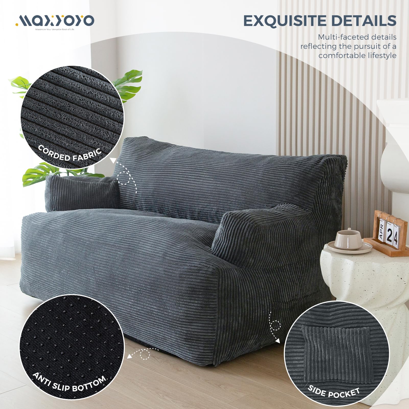 MAXYOYO Oversized 2-Seater Bean Bag Chair for Adults - Dark Grey Loveseat Bean Bag Couch with Filler | Perfect for Living Room, Game Room & Dorm Relaxation