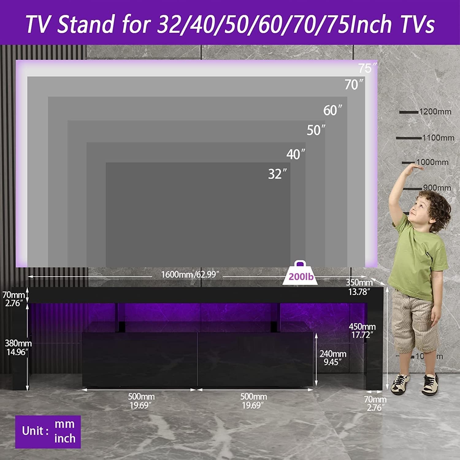 60-75 Inch Black High Gloss Wood TV Stand with LED Lights - Modern Entertainment Center with Large Drawers & Glass Display Shelf - Perfect for Living Room, Bedroom Gaming & Media Storage