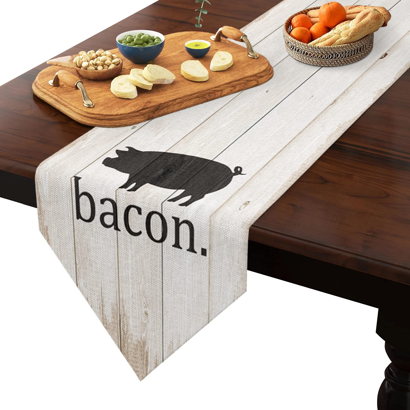 Chucoco Farmhouse Pig Table Runner with 'Bacon' Print - Wood Grain Linen Burlap Table Scarf for Kitchen, Dining Room, Dresser | Durable & Washable Farm Animal Decor for Indoor/Outdoor Use | Perfect for Rustic Weddings, Country Kitchen Decor, and Farmhouse Style Homes