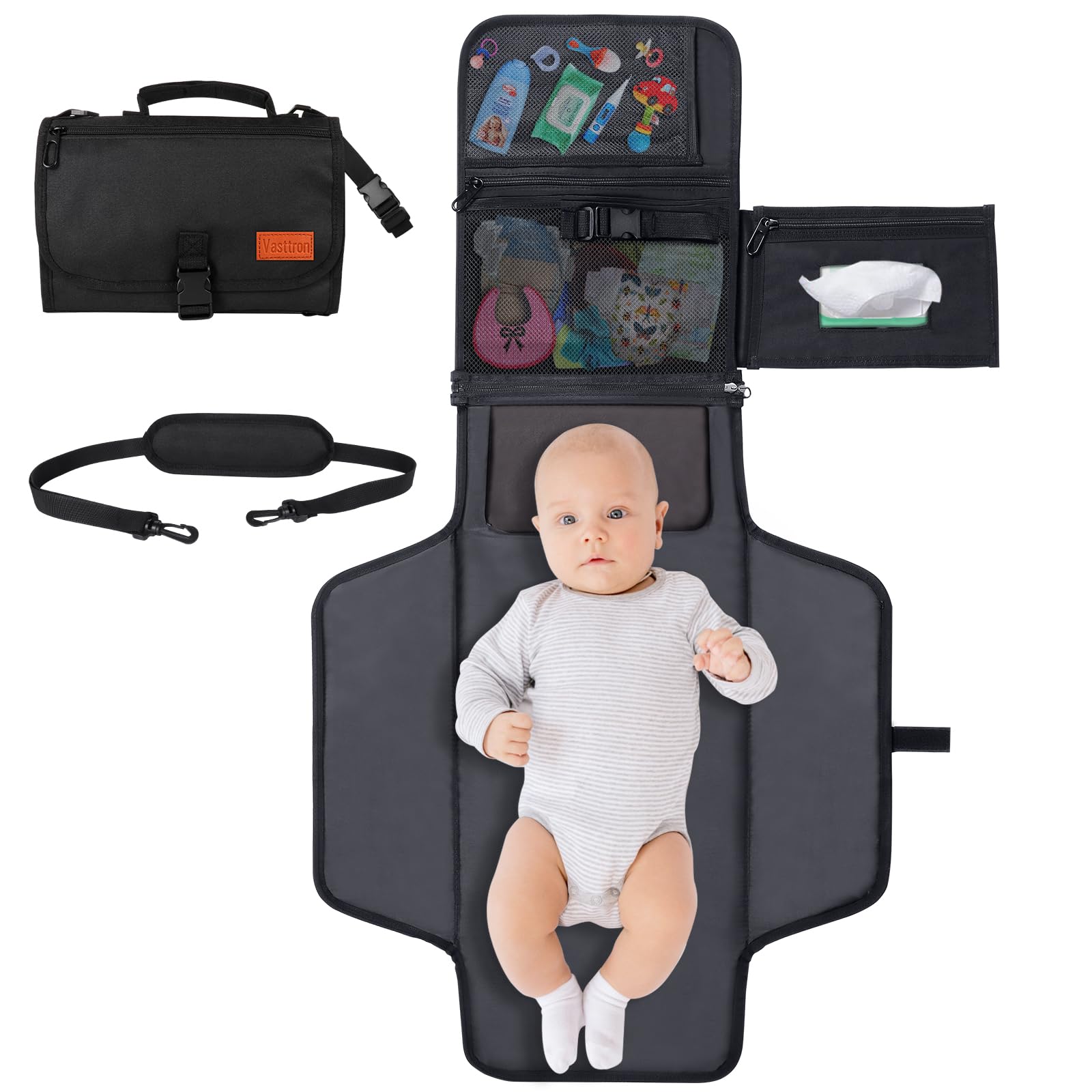 Portable Waterproof Baby Diaper Changing Pad with Smart Wipes Pocket - Travel Changing Mat for Newborns & Infants (Black) | Ideal for On-the-Go Parents, Baby Showers, Daycare & Travel Essentials