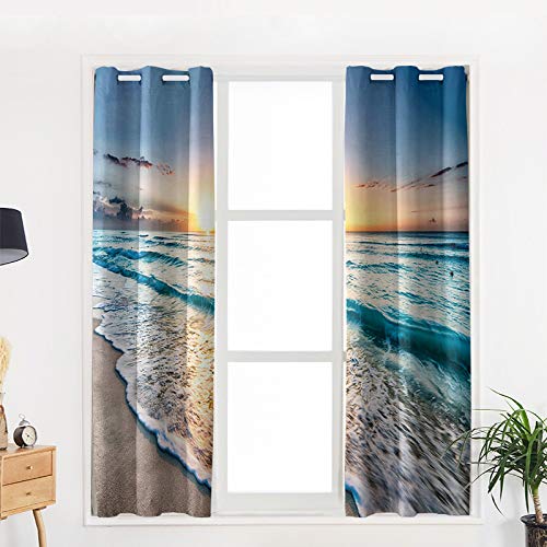 Ocean Beach Blackout Curtains - Thermal Insulated Room Darkening Window Drapes with Grommet Top, Tropical Wave Sunset Design, 52x84 Inch (2 Panels) - Perfect for Bedroom, Living Room & Home Theater Light Blocking