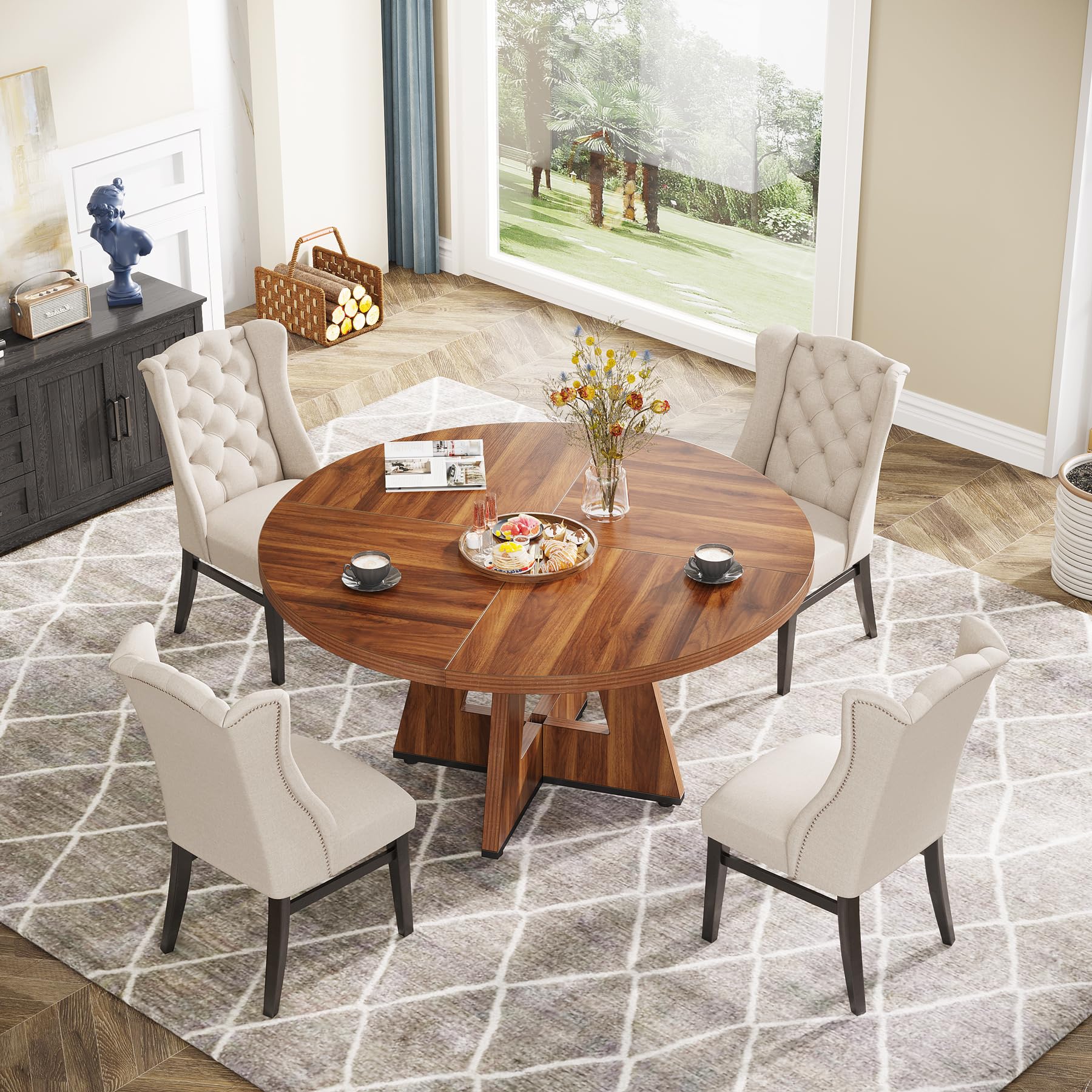 Tribesigns 47 Inch Round Farmhouse Dining Table - Solid Wood Kitchen Table for 4, Rustic Brown Round Dinner Table for Dining Room & Living Room | Perfect for Family Meals, Entertaining Guests & Small Space Dining