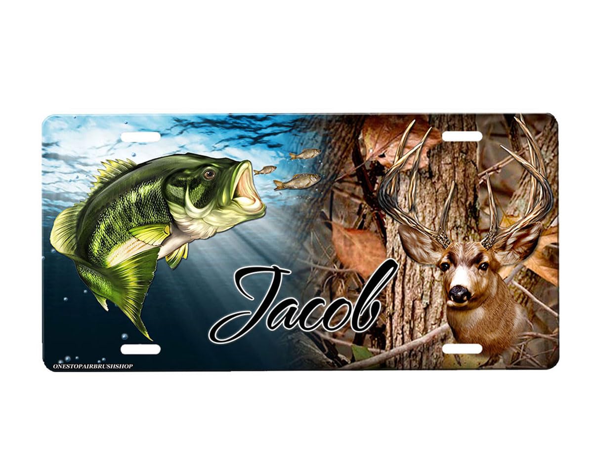 Custom Bass and Deer Front License Plate - Personalized Car Accessory for Fishing & Hunting Enthusiasts | Perfect for Trucks, SUVs & Outdoor Adventures
