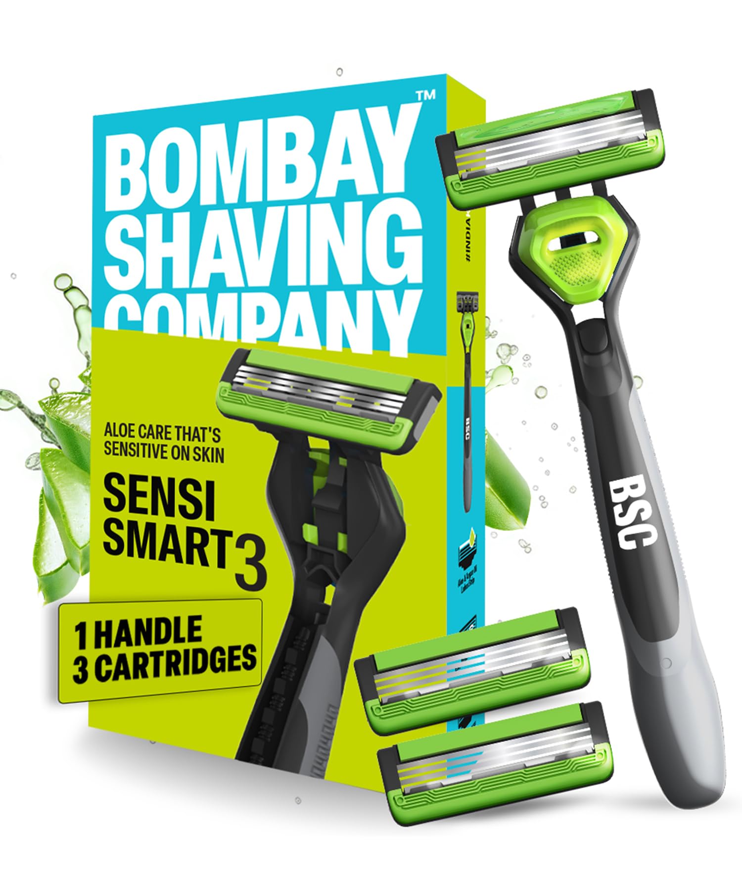 Bombay Shaving Company Sensi Smart 3 Razor Value Pack for Men - Handle + 3 Blade Cartridges with Aloe Gel & Argan Oil Lubrication - Pivot Head for Smooth Shaving - Perfect for Travel & Daily Grooming Routine